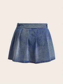 SHEIN ICON Plus Buckle Detail Pleated Denim Skirt - Medium Wash - View 2