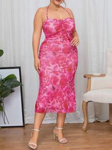 SHEIN Privé Hơn In hoa Mặt trước dây rút Halter Neck Không lưng Đầm - Nhiều màu - Xem 3