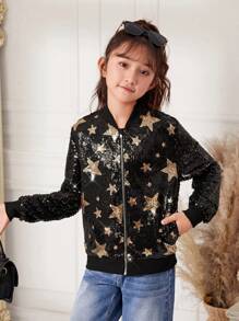 SHEIN Tween Girl Star Pattern Sequin Bomber Jacket - Multicolor - View 4