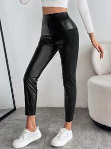 SHEIN Essnce High Waist PU Leather Leggings - Black - View 1