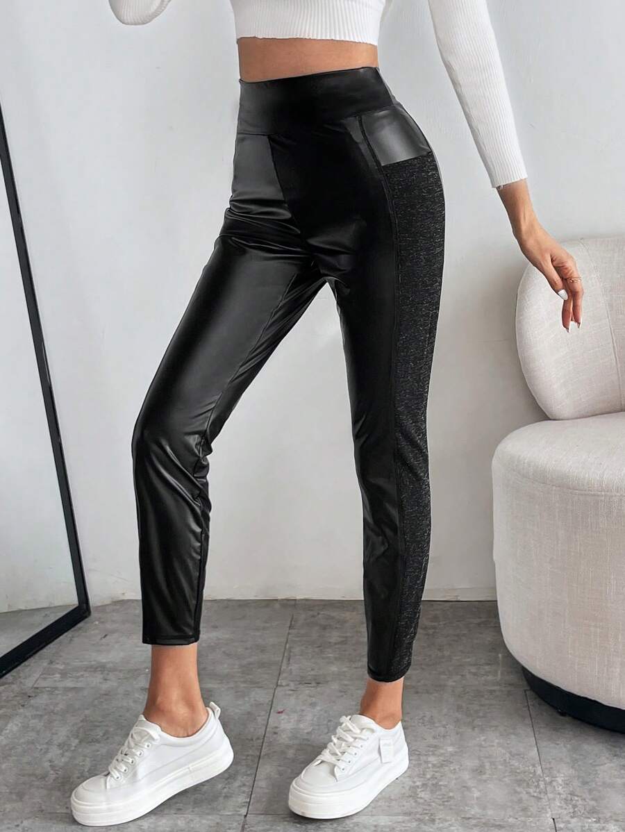 SHEIN Essnce High Waist PU Leather Leggings - Black - View 1