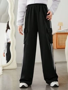 青少年女孩有蓋口袋側條紋有蓋口袋側工裝褲