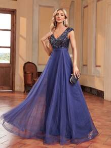 XUIBOL Robe de bal formelle avec tulle à paillettes contrastées, robe de soirée élégante pour femme, pour le bal de promo, le dîner, les cérémonies de remise de diplômes - Bleu marine - Voir 2
