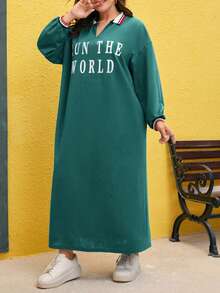 Mulvari 大碼標語圖案拼接領落肩袖洋裝 - 綠色 - 查看 3