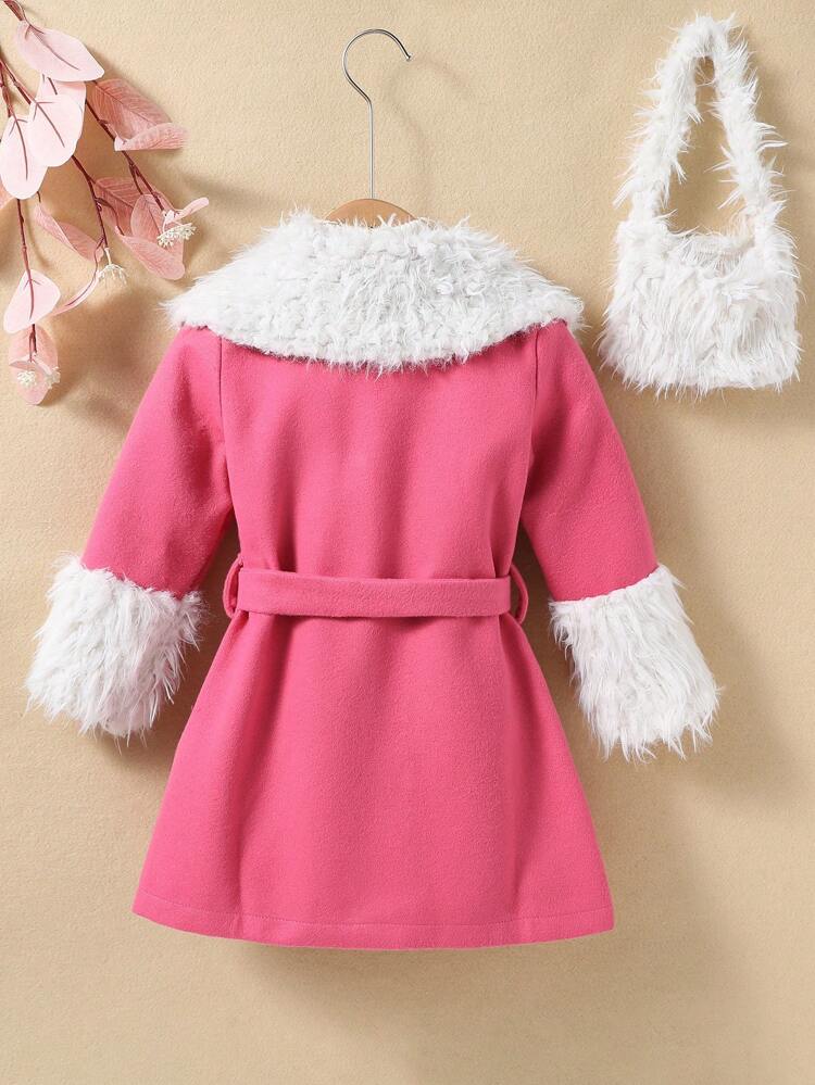 Young Girl 1pc Contrast Fuzzy Trim Double Breasted Belted Coat With Bag