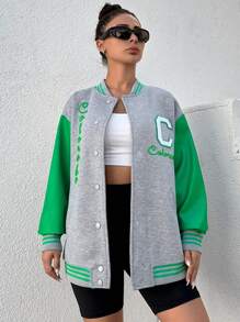 Cottnline 字母貼布撞色落肩袖雙色學院風夾克 - 綠色 - 查看 3