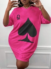 Slaydiva Hơn Chơi bài In Váy thun trễ vai - Màu Hồng Tươi - Xem 1