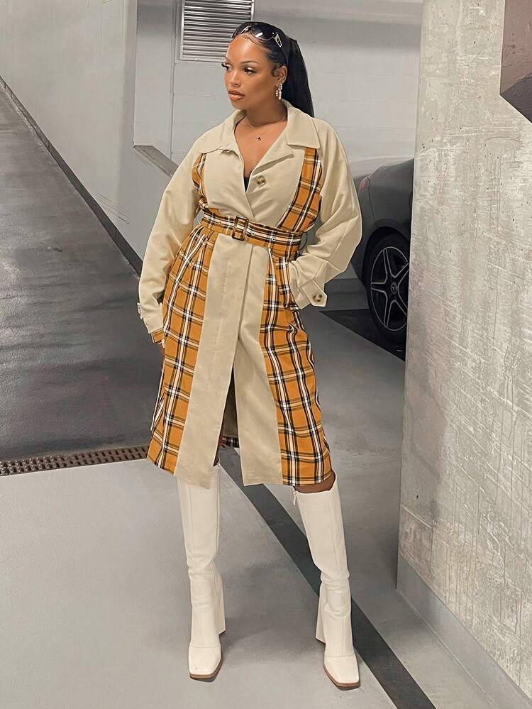 Plaid Print Belted Coat