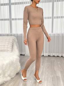 SHEIN Essnce Solid Ribbed Knit Sweater & Knit Pants - Khaki - View 5
