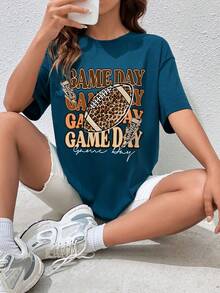 SHEIN EZwear 橄欖球&字母圖案落肩T恤 - 水鴨藍 - 查看 5