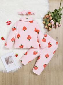 SHEIN 女嬰草莓圖案睡衣套裝和頭巾 - 粉色 - 查看 2