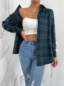 SHEIN Unity 格紋印花前紐扣襯衫 - 綠色 - 查看 1