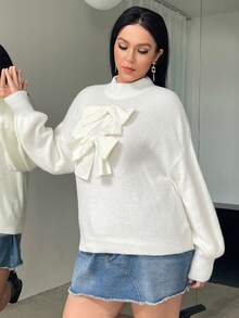 SHEIN Essnce Plus Bow Front Drop Shoulder Sweater - White - View 3