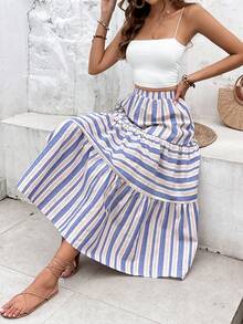 SHEIN VCAY 條紋印花荷葉邊下擺半身裙 - 彩色 - 查看 6