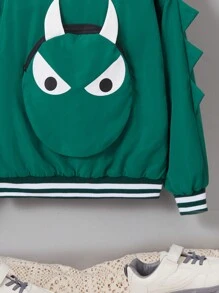 SHEIN 男大童卡通圖案3D耳朵設計條紋飾邊落肩袖加絨內裏學院風夾克 - 墨綠色 - 查看 5