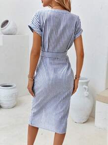SHEIN Clasi Striped Print Batwing Sleeve Belted Dress - Blue and White - View 2