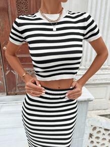 SHEIN Cottnline Striped Pattern Crop Knit Top & Knit Skirt - Black and White - View 5