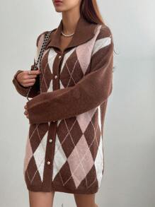 DAZY 菱形图案落肩水手领开衫，秋季女装 - 棕色 - 查看 7