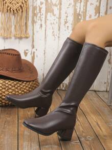 Women's Fashionable Chunky Heel Long Boots With Back Zipper Closure - Brown - View 1