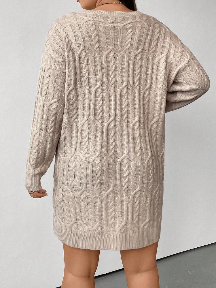 Plus Cable Knit Drop Shoulder Sweater Dress Without Belt, For Winter Fall Cloth For Women Autumn
