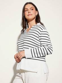 SHEIN BASICS 大碼條紋圖案落肩袖套頭毛衣 - 黑與白 - 查看 5