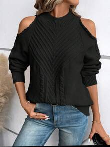 SHEIN LUNE 挖肩麻花編織挖肩套頭毛衣 - 黑色 - 查看 4