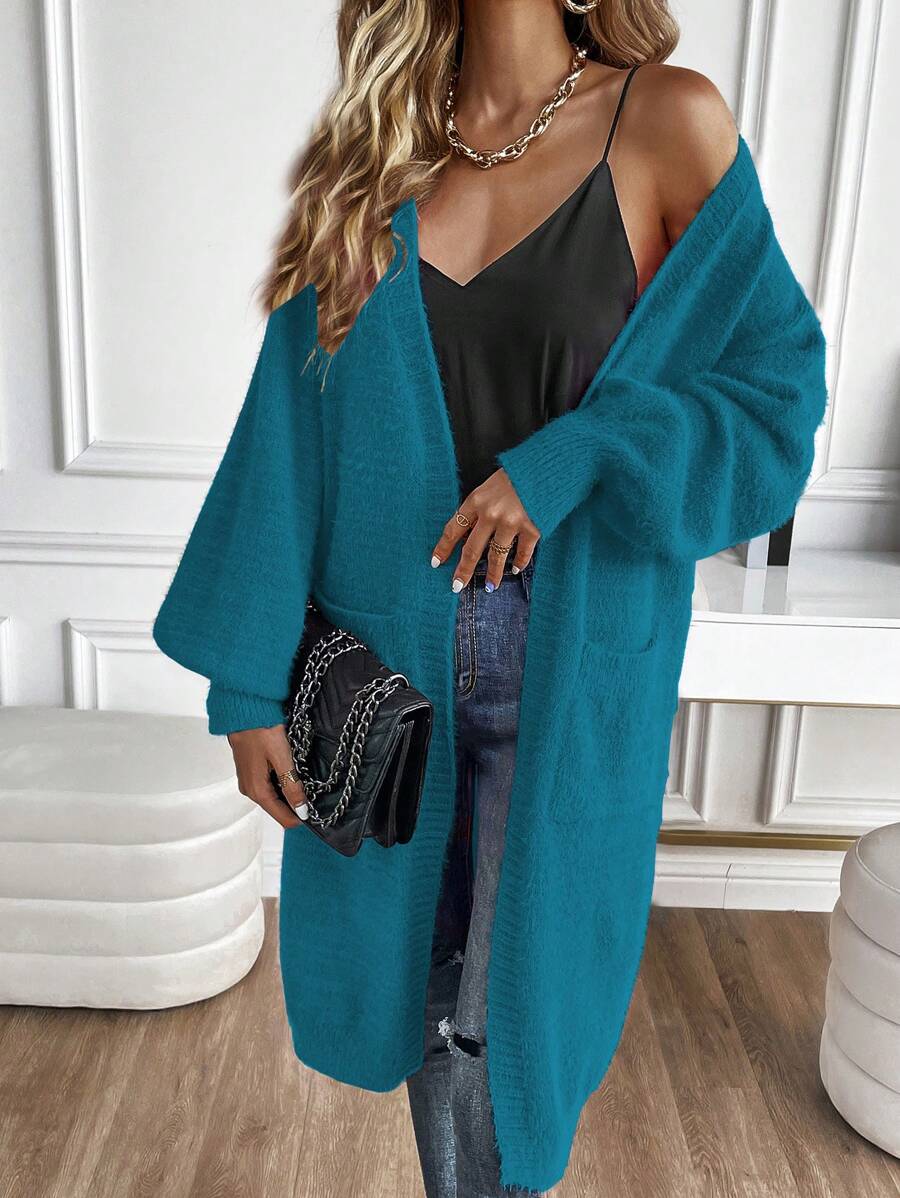 SHEIN Clasi Drop Shoulder Casual Design Cardigan - Teal Blue - View 1