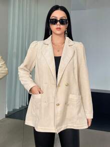 SHEIN Privé Plus Double Breasted Pocket Patched Blazer - Apricot - View 3