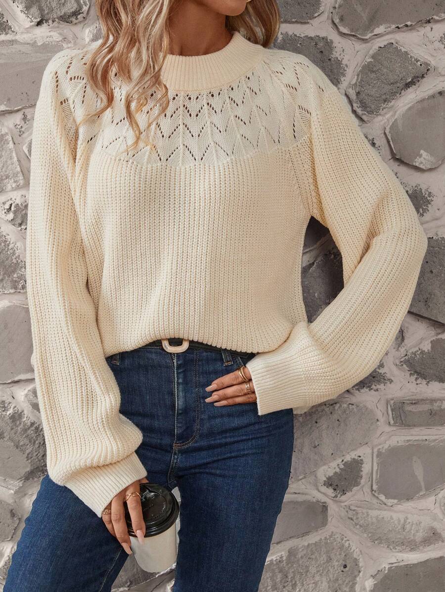 SHEIN LUNE Pointelle Knit Raglan Sleeve Sweater - Beige - View 1