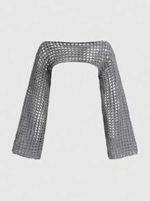 ROMWE Grunge Punk Summer Crochet Light Blue Hollow Out Boat Neck Crop Sweater - Grey - View 5