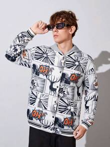 青少年男孩波普藝術圖案條紋飾邊落肩袖夾克無連帽衫 - 黑與白 - 查看 4