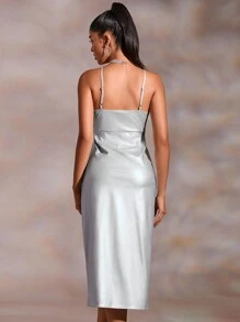 GENKIRA Vestido camisero liso con ribete de volantes - Plateado - Ver 2