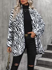 SHEIN Clasi Abrigo de rayas de cebra con parte delantera abierta de franela - Blanco - Ver 7