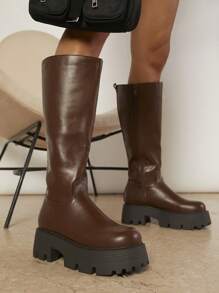 SHUZIA Minimalist Side Zipper Chunky Boots - Brown - View 5
