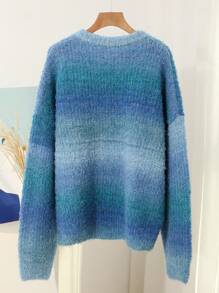 Dazy-Less Women's Casual Loose Ombre Drop Shoulder Knitted Sweater, Spring Autumn,Fall Women Clothes - Teal Blue - View 4