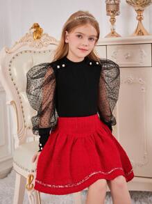 1入組女大童拼接波點網紗羊腿袖紐扣細節T恤適用於聖誕 - 黑色 - 查看 1