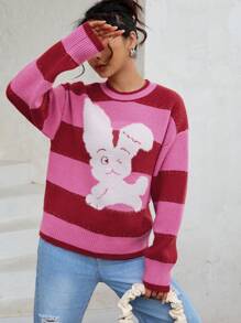 SHEIN Unity Cartoon Pattern Drop Shoulder Sweater - Hot Pink - View 6