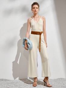 素色繞頸連體褲不附腰帶 - 米色 - 查看 5
