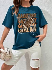 SHEIN EZwear 橄欖球&字母圖案落肩T恤 - 水鴨藍 - 查看 3