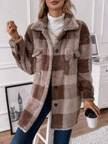 SHEIN LUNE Buffalo Plaid Print Drop Shoulder Teddy Coat - Coffee Brown - View 4