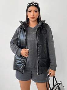 Flirla Plus Zip Up Puffer Vest Coat - Black - View 5
