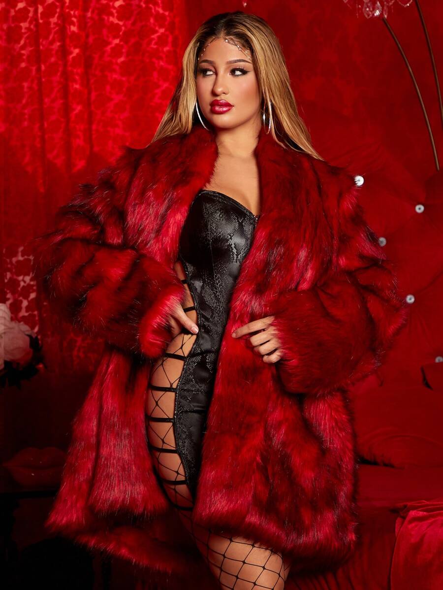 SHEIN SXY Open Front Fuzzy Coat - Burgundy - View 1