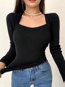 DAZY Cổ vuông Đồ đan Ribbed Áo len - màu đen - Xem 1