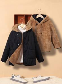 SHEIN 男大童1入組雙口袋加絨內裏連帽絎縫外套 - 黑色 - 查看 9