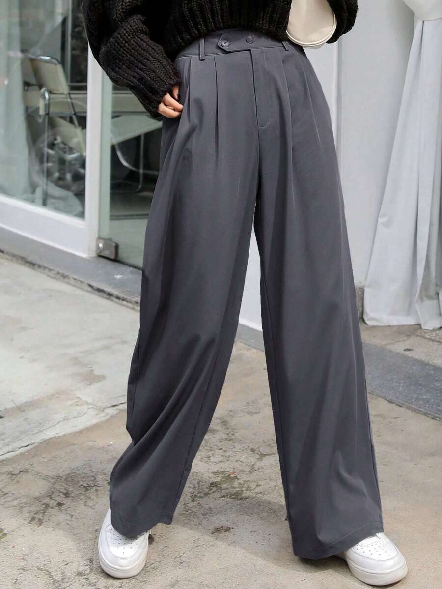 DAZY High Waist Fold Pleated Trousers - Dark Grey - View 1