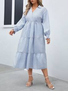 SHEIN Frenchy Plus Striped Print Flounce Sleeve Ruffle Hem Dress - Blue and White - View 4