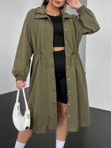 SHEIN EZwear 大碼腰部抽繩前紐扣連帽外套 - 軍綠色 - 查看 3