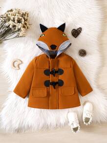 Baby Boy Cartoon Embroidery 3D Ear Design Hooded Duffle Overcoat - Brown - View 1