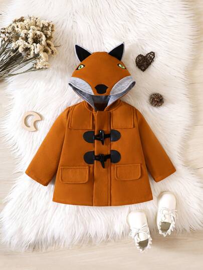 Baby Boy Cartoon Embroidery 3D Ear Design Hooded Duffle Overcoat