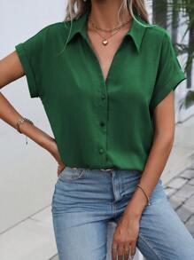 EMERY ROSE Camisa unicolor de manga murciélago con botón delantero - Verde - Ver 7